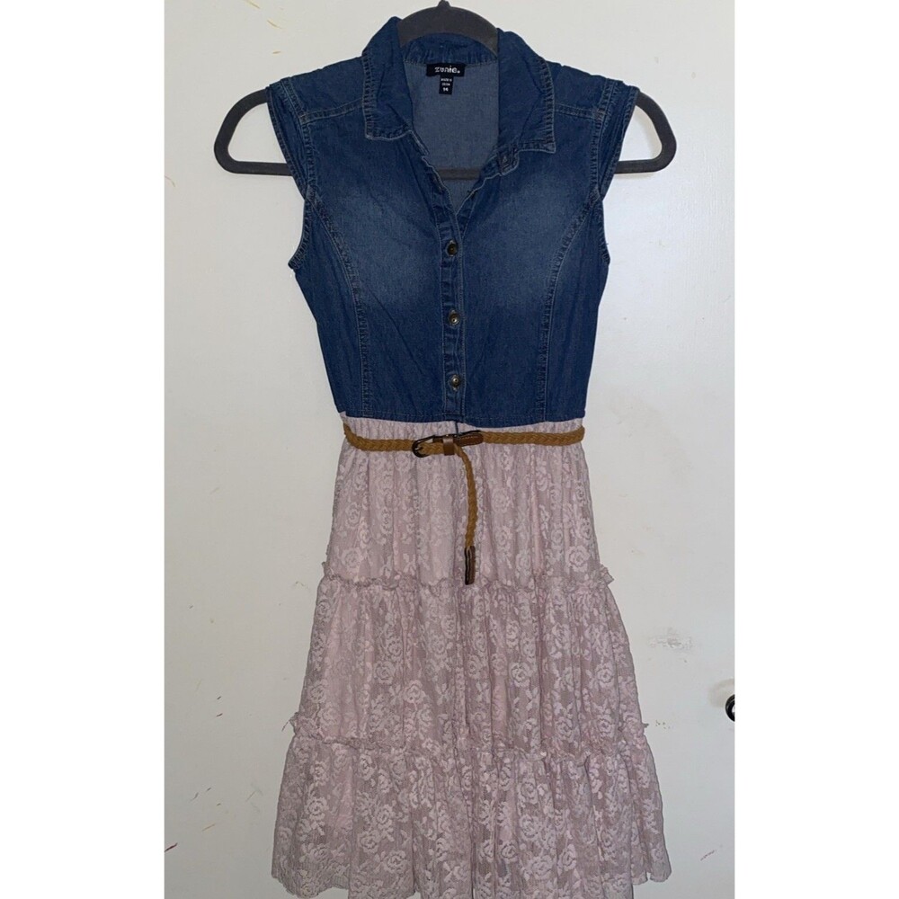 Zunie Denim And Lace Mixed Dress Jean and Pink Lace Size 14 Country Chic
